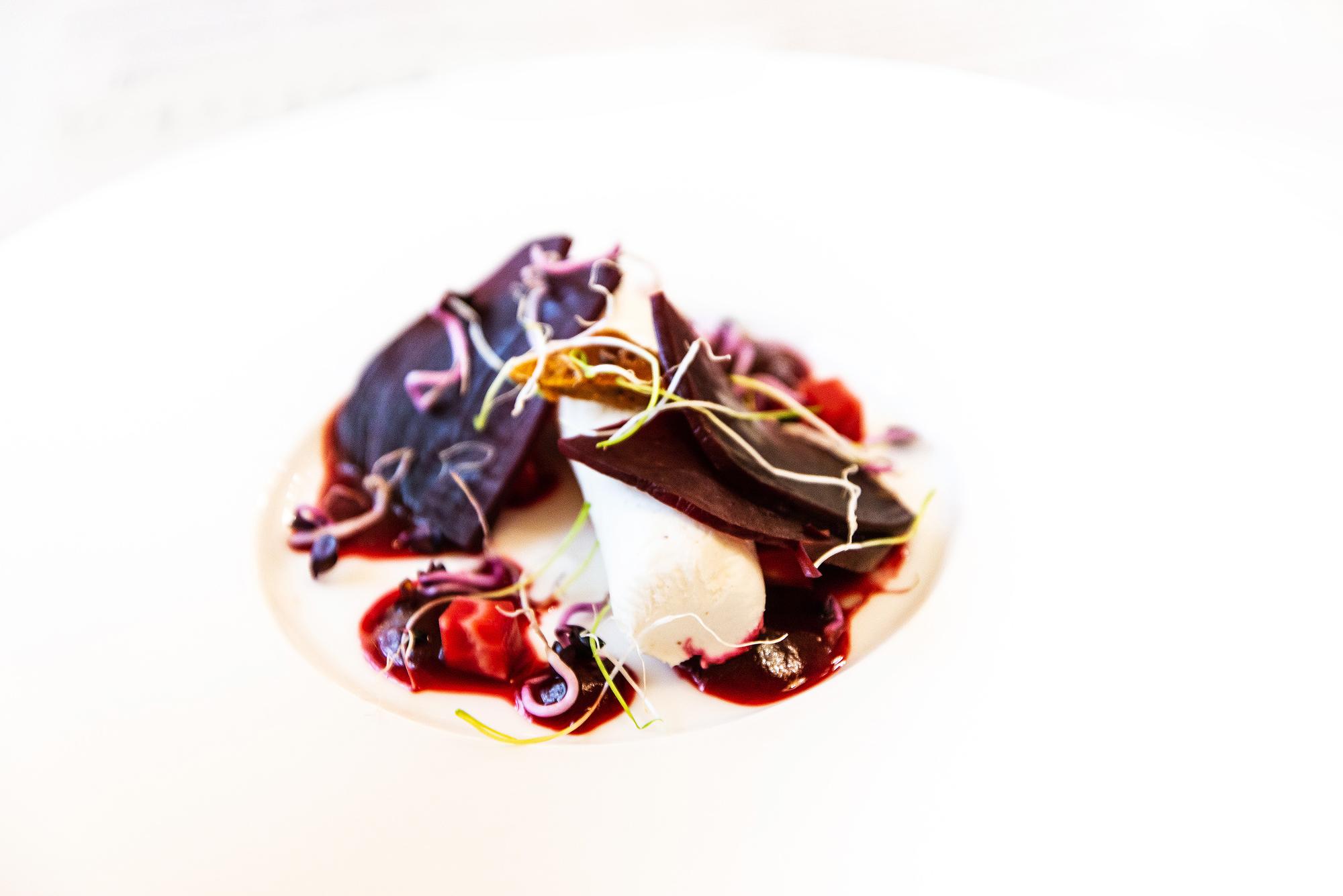 Close-up of plated entree with garnish
